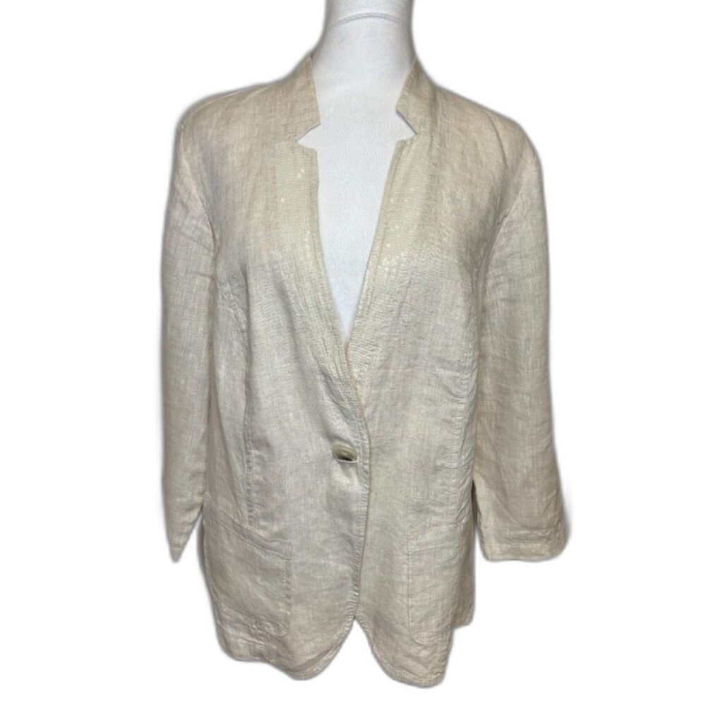 Chico's Cream Linen Blazer Women's 3/4 Sleeve Single Button Stand Collar New